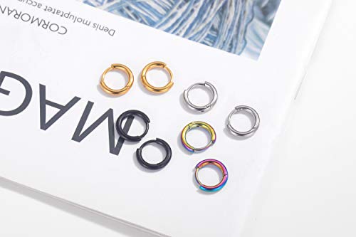 Black Hoop Earrings for Men 8mm 10mm 12mm – Surgical Stainless Steel Hypoallergenic Mens Small to Medium Hoop Earrings Set (3 Pairs) - style: A:4pairs,8mm,black+steel+rainbow+gold