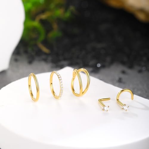 Xpircn 5pcs Hoop Nose Rings and L Shaped Nose Rings Stud Set 18G/20G Stainless Steel CZ Helix Conch Daith Tragus Cartilage Hoop Earrings for Women 6mm 7mm 8mm 10mm - color: Gold, size: 18G, 8mm hoop & 7mm studs