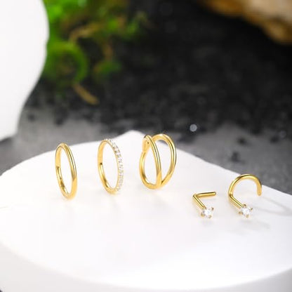 Xpircn 5pcs Hoop Nose Rings and L Shaped Nose Rings Stud Set 18G/20G Stainless Steel CZ Helix Conch Daith Tragus Cartilage Hoop Earrings for Women 6mm 7mm 8mm 10mm - color: Gold, size: 18G, 8mm hoop & 7mm studs
