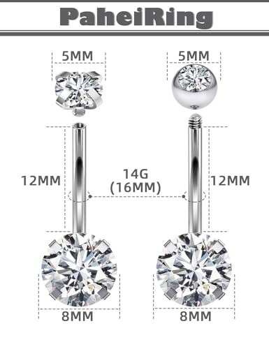 Long Belly Button Ring 6mm 8mm 10mm 12mm 14mm Surgical Stainless Steel Round Cubic Zirconia Navel Barbell Long Bar Belly Button Piercing Jewelry Silver, black, rose gold belly ring - color: 2pcs-12mm-White Belly ring Zircon+Diamond