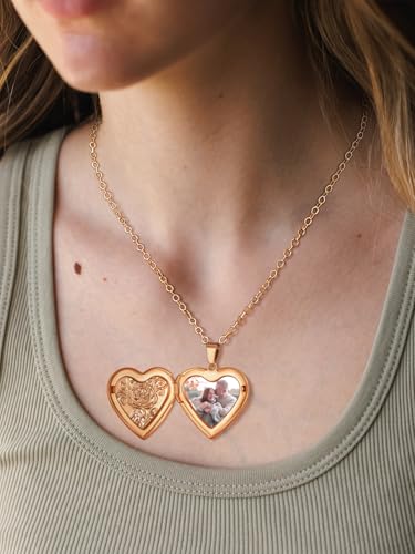 FindChic Locket Necklace for Women Custom Photo Memorial Gifts 4 Colors | Silver/Black/Rose Gold/Gold Plated Personalized for Loved Ones, Birthday Valentine's Day Keepsake - style: 12. Rose Relief (DIY)-Rose Gold