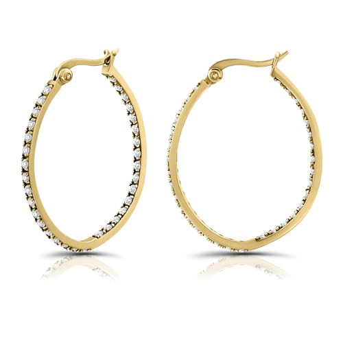 Hoops & Loops 925 Sterling Silver Cubic Zirconia Inside Out Oval Hoop Earrings for Women, 20mm 25mm 30mm - color: 30mm-Yellow Gold