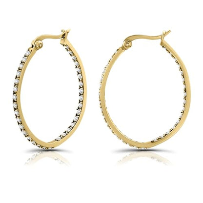 Hoops & Loops 925 Sterling Silver Cubic Zirconia Inside Out Oval Hoop Earrings for Women, 20mm 25mm 30mm - color: 30mm-Yellow Gold