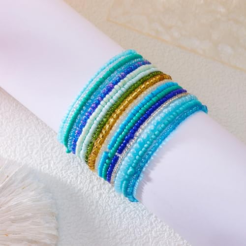 16-30Pcs Handmade Bohemian Colorful Crystal Seed Beads Stackable Adjustable Elastic Stretch Multilayerd Bracelets for Women Summer Vacation Beach Boho Bangle Jewelry - color: 16pcs