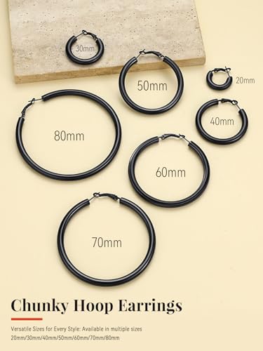 FaithHeart Silver/Black/Gold Stainless Steel Chunky Hoop Earrings for Women | Hypoallergenic Lightweight Hoop Earrings, Trendy Statement Thick Hoop, 20/30/40/50/60/70/80mm - color: Black, size: 30mm