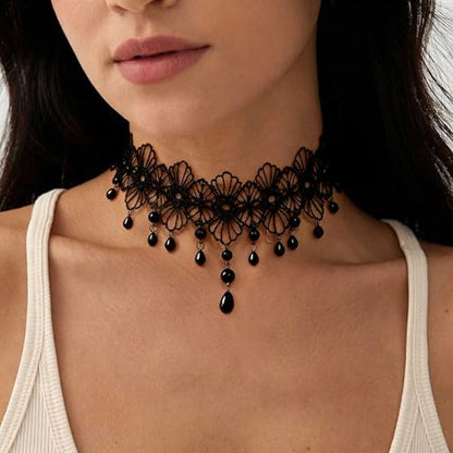 Black Necklaces for Women,Adjustable Layered Collar,Goth Jewelry - color: Flower Pendant