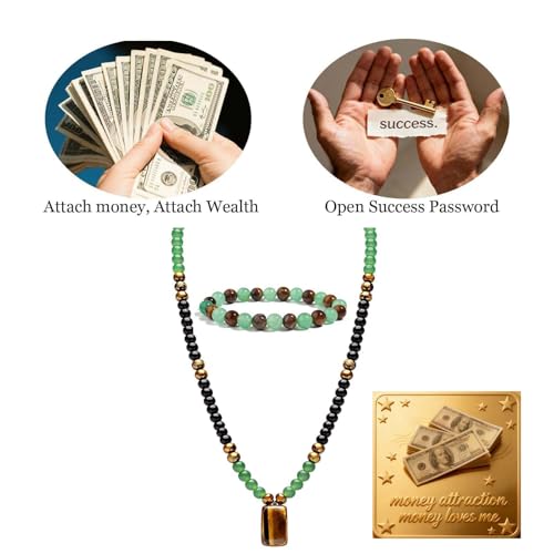 Money Bracelets Necklace Jewelry Set for Women Men Jade Crystal Tiger Eye Obsidian Beaded Necklace Feng Shui Good Luck Money Bracelet Wealth Attraction Accessories Outfits Protection Jewelry Gifts - color: A4