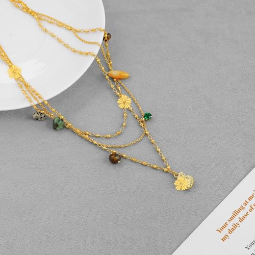 Bohemian Triple Layered Necklace fo r Women, 18K Gold Plated Brass Multi-Strand Choker with Flower Charm & Mixed Natural Stones, Dalmatian Jasper Turquoise Tiger Eye Pendant, Summer Beach Jewelry Gift