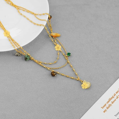 Bohemian Triple Layered Necklace fo r Women, 18K Gold Plated Brass Multi-Strand Choker with Flower Charm & Mixed Natural Stones, Dalmatian Jasper Turquoise Tiger Eye Pendant, Summer Beach Jewelry Gift