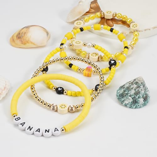 Twinfree Bohemian Cute Fruit Banana Cherry Strawberry Pineapple Mango Polymer Clay Beaded Stackable Stretch Bracelets - color: color 22