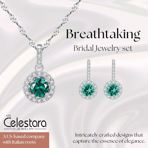 925 Sterling Silver Wedding Jewelry Set for Women - Sapphire Tone Gemstone Pendant Necklace and Stud Earrings with Cubic Zirconia Halo Design - Premium Rhodium Plated Finish - color: Green