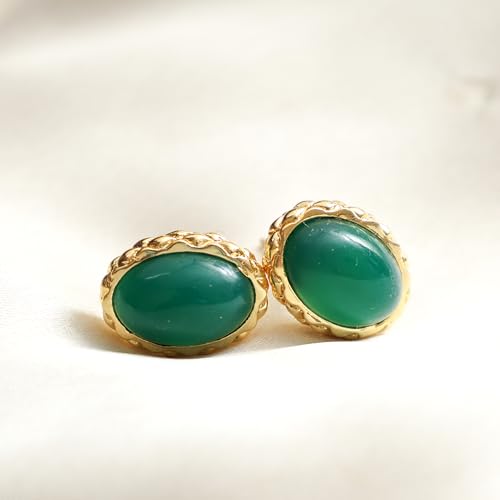 Gempires Bold Oval Gemstone Stud Earrings for Women – Natural Healing Stone Jewelry 14K Gold-Plated Hypoallergenic Tarnish-Resistant – Bold Statement Studs Gift for Her - style: Green Onyx