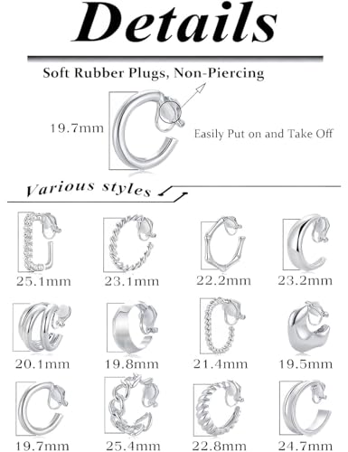 12 Pairs Clip on Hoop Earrings for Women 14K Gold Plated Chunky Clip on Earrings CZ Tube Twist Croissant Bamboo Round Geometric No Piercing Ear Clips Set Trendy Fake Earrings Jewelry - color: Silver