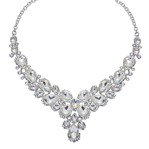 Women's Wedding Bridal Austrian Crystal Glass Teardrop Statement Necklace Dangle Earrings Bracelet Ring Wedding Party Jewelry Set for Bridal Bridesmaid - color: White-Platinum Plated