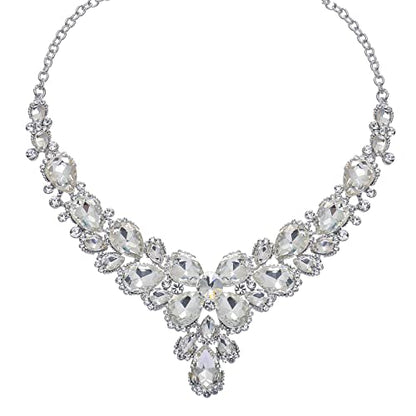Women's Wedding Bridal Austrian Crystal Glass Teardrop Statement Necklace Dangle Earrings Bracelet Ring Wedding Party Jewelry Set for Bridal Bridesmaid - color: White-Platinum Plated