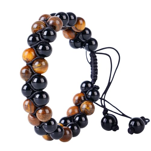 Triple Protection Bracelet,Bracelets for Men Women, Natural Tiger Eye Jewelry Stone Hematite and Blue Stone Hematite 8mm Crystal Bracelet - Adjustable Size with Premium Gift-Box - color: Brown-Black
