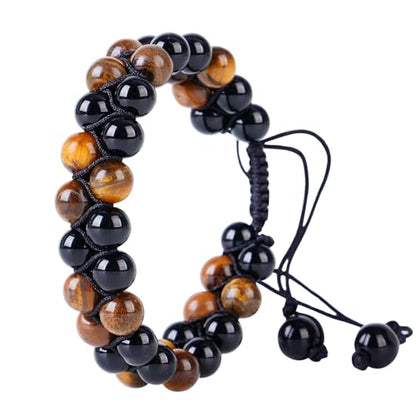 Triple Protection Bracelet,Bracelets for Men Women, Natural Tiger Eye Jewelry Stone Hematite and Blue Stone Hematite 8mm Crystal Bracelet - Adjustable Size with Premium Gift-Box - color: Brown-Black