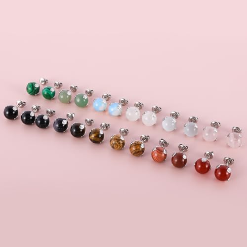 12 Pairs Multi Natural Gemstone Round Bead Ball Stud Earrings Stainless Steel Opal Tiger Eye Rose Quartz Onyx Stone Stud Earrings Set for Women - color: Silver 10mm