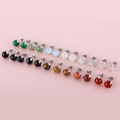12 Pairs Multi Natural Gemstone Round Bead Ball Stud Earrings Stainless Steel Opal Tiger Eye Rose Quartz Onyx Stone Stud Earrings Set for Women - color: Silver 10mm