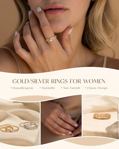 FUNEIA Stackable Silver Gold Rings for Women Non Tarnish 14K Gold Plated Thumb Cubic Zirconia Rings for Women Dainty Pinky Promise Wedding Ring Set Women's Engagement Eternity Band Rings Gold Jewelry - color: B-Gold Rings