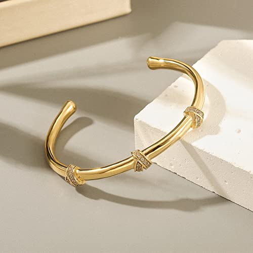 18K Gold Filled Cuff Bracelet for Women, 6.5" Inner Circ.Bracelet Bangle with Cubic Zirconia Stones Hinged Jewelry with Crystal, Fits 5.8”–6.5” Wrists