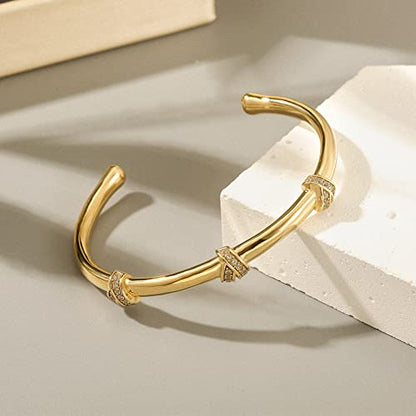 18K Gold Filled Cuff Bracelet for Women, 6.5" Inner Circ.Bracelet Bangle with Cubic Zirconia Stones Hinged Jewelry with Crystal, Fits 5.8”–6.5” Wrists