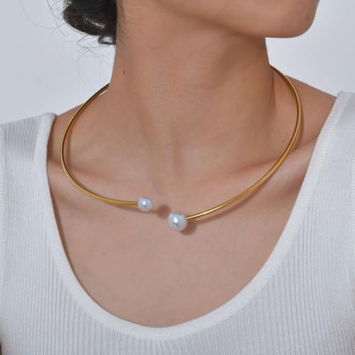 JAJAFOOK Minimalist Round Gold-Tone Bar Necklace Simple Fashion High Neck Choker Female King Neckwire - color: Wire with faux pearl‌