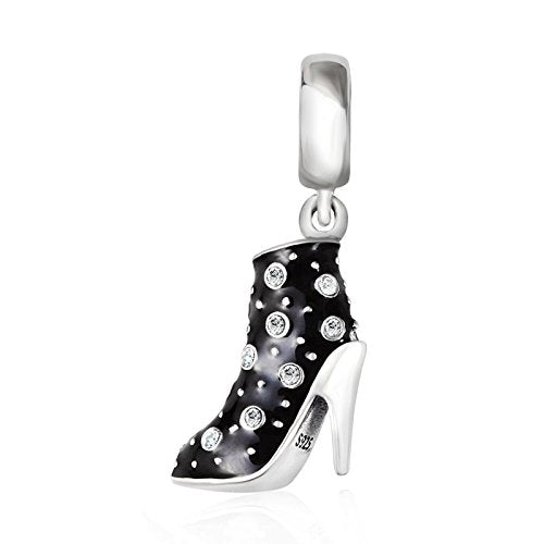 Black High Heel Dangle Charms 925 Sterling Silver Birthstone Gifts Charm for Her Pandora Bracelet - color: Clear