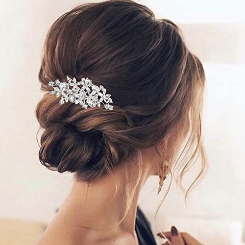 Olbye Wedding Hair Comb Rhinestone Bridal Pieces Flower Silver Crystal Headpiece for Bridesmaids and Brides (Silver) - color: Silver