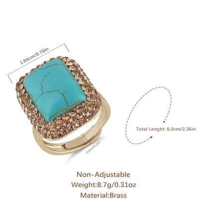 HZMAN Natural Stone Statement Ring for Women, Crystal Paved Bold Cocktail Ring, Adjustable Gold Tone Fashion Jewelry - color: Turquoise Square
