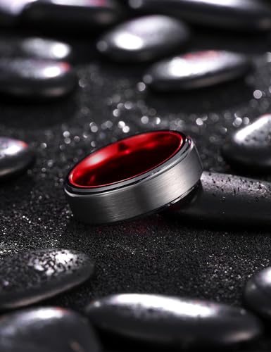King Will Mens Brushed Wedding Band, Two Tone Matte Step Edges/Pipe Cut, Tungsten Carbide Anniversary Promise Rings Comfort Fit - color: Silver&Red-8mm