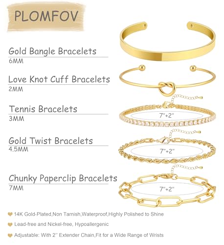 PLOMFOV Gold Bracelets for Women Stack Non Tarnish 14K Gold Plated Chunky Gold Bangles Bracelet Set Beaded Paperclip Chain Cuban Link Dainty Trendy Waterproof Stackable Cuff Bracelets Jewelry Gifts for Women - color: 5Pcs Gold-CZ Set
