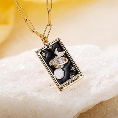 LUREME Punk Tarot Necklace - Gold Rectangle Pendant with Strass Zircon Sun/Moon/Star Design for Women (nl006354) - color: Multi Universe
