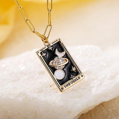 LUREME Punk Tarot Necklace - Gold Rectangle Pendant with Strass Zircon Sun/Moon/Star Design for Women (nl006354) - color: Multi Universe
