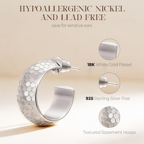 Small Hoop Earrings for Women Wide Half Huggie Hoops Chunky Hoop Earrings 18K Real Gold Plated 925 Sterling Silver Hammered Hypoallergenic Lightweight - color: QIHP-01-Silver