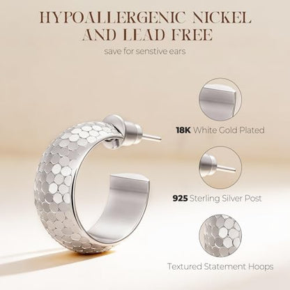 Small Hoop Earrings for Women Wide Half Huggie Hoops Chunky Hoop Earrings 18K Real Gold Plated 925 Sterling Silver Hammered Hypoallergenic Lightweight - color: QIHP-01-Silver