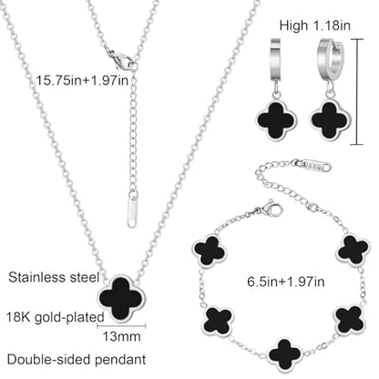 18K Gold Plated Lucky Clover Jewelry Set, Birthday Gifts for Women | Stainless Steel Hypoallergenic,Black White Red Four Leaf Clover Bracelet Necklace Earrings set, Daily Wear, Gifts for Women - color: Clover Set-Silver Black