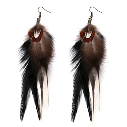 Bohemian Long Feather Earrings for Women Handmade Natural Dangle Tassel Jewelry - color: Style F