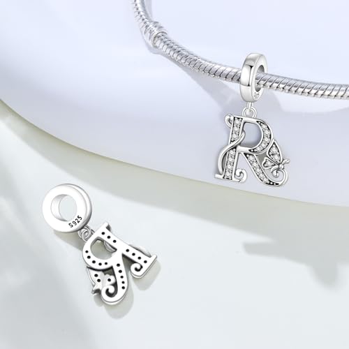 2 Pack 925 Sterling Silver Butterfly Letter Charms for Bracelets and Necklace Alphabet Initial Dangle Pendants Round Spacer Beads Pave Cubic Zirconia Jewelry Gift for Women - color: R Set
