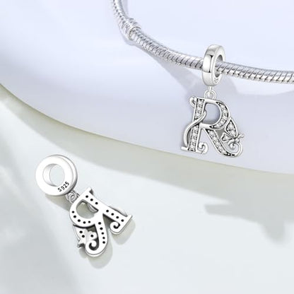 2 Pack 925 Sterling Silver Butterfly Letter Charms for Bracelets and Necklace Alphabet Initial Dangle Pendants Round Spacer Beads Pave Cubic Zirconia Jewelry Gift for Women - color: R Set
