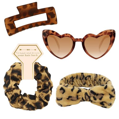 Semato 4 Pcs Leopard Bridesmaid Proposal Gifts Bridesmaid Spa Headband, Hair Claw Clips, Heart Shaped Sunglasses and Smooth Satin Scrunchies - color: Leopard