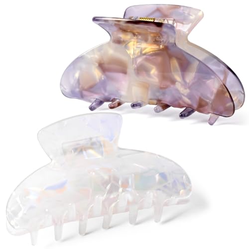 Aileam Acetate Hair Claw Clips for Women,White Pink hair clip French Design Strong Hold Non-Slip claw clips for Thick Hair, 2 Pack - color: Crystal Clear White & Iridescent Pink
