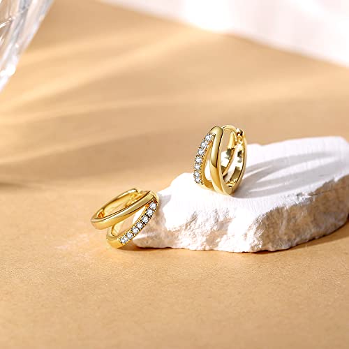 Me&Hz Gold Huggie Earrings Small Huggie Hoop Earrings for Women 14K Gold Plated Hypoallergenic Cubic Zirconia Huggies Mini Silver Hoop Earring for Women - color: Double Hoops,Gold