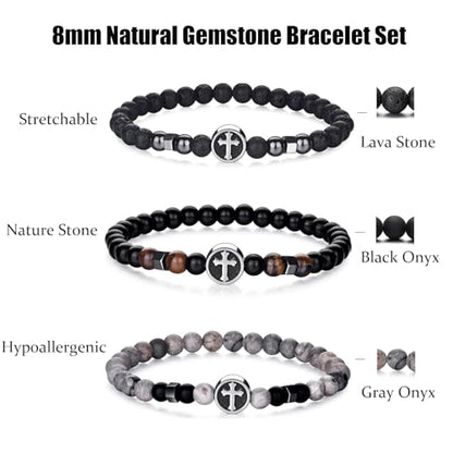 RANKEEF Tiger Eye Bracelet For Men 8MM Natural Stone Stretch Adjustable Black Crystal Beaded Bracelet for Men Women Gifts - color: 3,gray,black