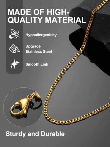 Stainless Steel Mens Cuban Link Chains, Daily Wear Hip Hop Miami Necklace | 3/6/9/12mm Silver/Gold Plated/Black necklace with Gift Box, No Tarnish, Sweatproof & Waterproof, Hypoallergenic Men Chains - color: 3mm-gold plated, size: 18 inch