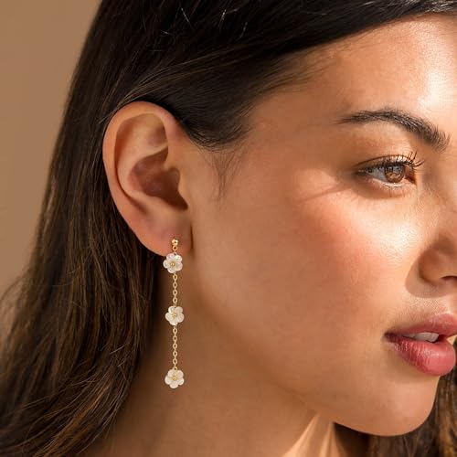 Moodear Pearl Earrings for Women, 14K Gold Plated Drop Earrings Jewelry | Lightweight Hypoallergenic Pearl Drop Dangle Earrings, Wedding Jewelry Gift, Dainty Design, Daily Wear & Special Occasions - style: flower drop earrings
