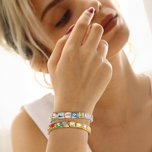 Stainless Steel Italian Charm Bracelet, 18 Link Starter Bracelet 9mm Charms | Italian Charm Bracelet with 9Pcs/20Pcs Charms and Opening Tools, Classic 9mm Modular Charm, Personalized Jewelry Gift - color: 20pcs Charm Set