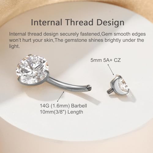Gold Belly Button Ring, Titanium Dangle Floating Navel Piercing Jewelry - color: Silver-Round CZ-10mm
