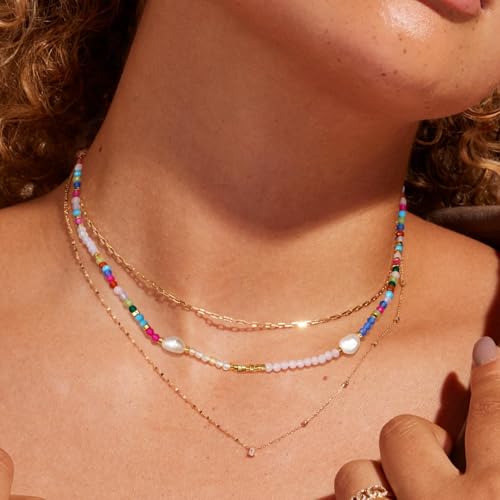KissYan Beaded Choker Necklace for Women, Colorful Natural Gemstones Pearl Choker 14K Gold Plated Pendant Healing Crystal Necklace Handmade Stone Jewelry Gift | 14K Gold Plated Pendant Necklaces, Natural Gemstones Pearl Choker, Healing Crystal Chain, Hand
