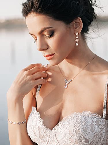 SWEETV Teardrop Wedding Bridal Jewelry Set for Brides Women Bridesmaid, Crystal Rhinestone Backdrop Necklace Earring Sets for Prom - color: 03.Rose Gold